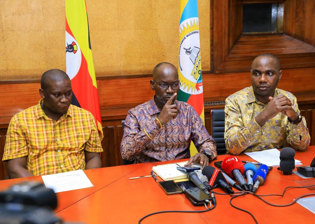 MPs Decry Police Brutality Amid NRM’s Silence on Kawempe By-Election Violence Brandon Kintu (Spokespetson NRM Parliamentary Caucus), Hamson Obua (Government Chief Whip) and Henry Musasizi (Minister of State for Finance) addressing journalists at Parliament.